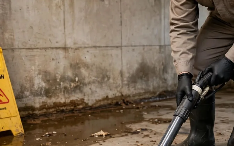 Technician extracting contaminated water during basement sewage cleanup