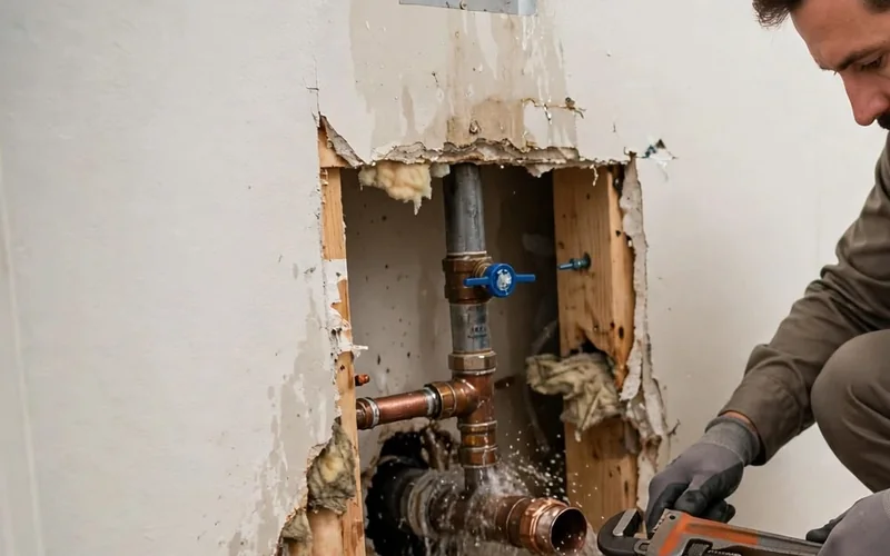 Opened wall showing a leaking pipe and water damage