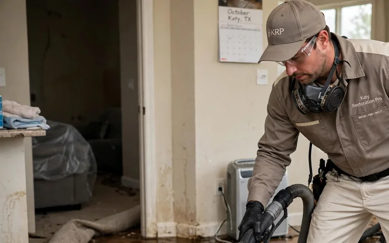Katy Restoration Pro technician extracting water from a flooded room