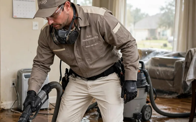 Katy Restoration Pro technician extracting water near drying equipment